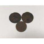 Two medieval Nuremburgh Jetons and a 1766 Netherlands copper Duit coin