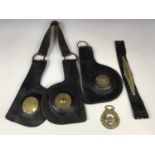 A pair of vintage brass and leather horse blinkers etc.