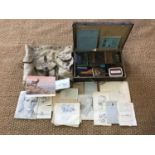 A 1940s haversack and case containing a quantity of RAF ephemera, sketches and artists materials,