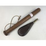 An oak cosh / truncheon together with a leather and brass shot flask