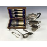 A silver napkin ring and sundry items of electroplate including a Georgian-shape EPBM tea service,