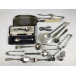 A cased silver spoon together with a Borrowdale caddy spoon and sundry flatware etc.