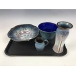 Three items of Guernsey studio ceramics together with a glass bowl signed 'S. Reilly'