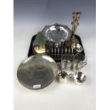 A quantity of electroplate including a 19th century candlestick, a toast rack (a/f), a Walker and