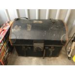 A Victorian leather-trimmed and Japanned canvas covered wicker travel trunk, with inner tray, the