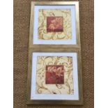 A pair of contemporary floral prints in antiqued gilt frames