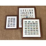 Three framed displays of locomotive themed cigarette cards, including Lyons Maid "Train Spotters"