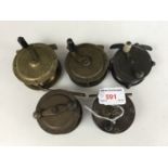 Five small brass centre pin fishing reels