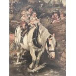 (19th Century) Sentimental rural idyll depicting children riding a white horse through a stream,