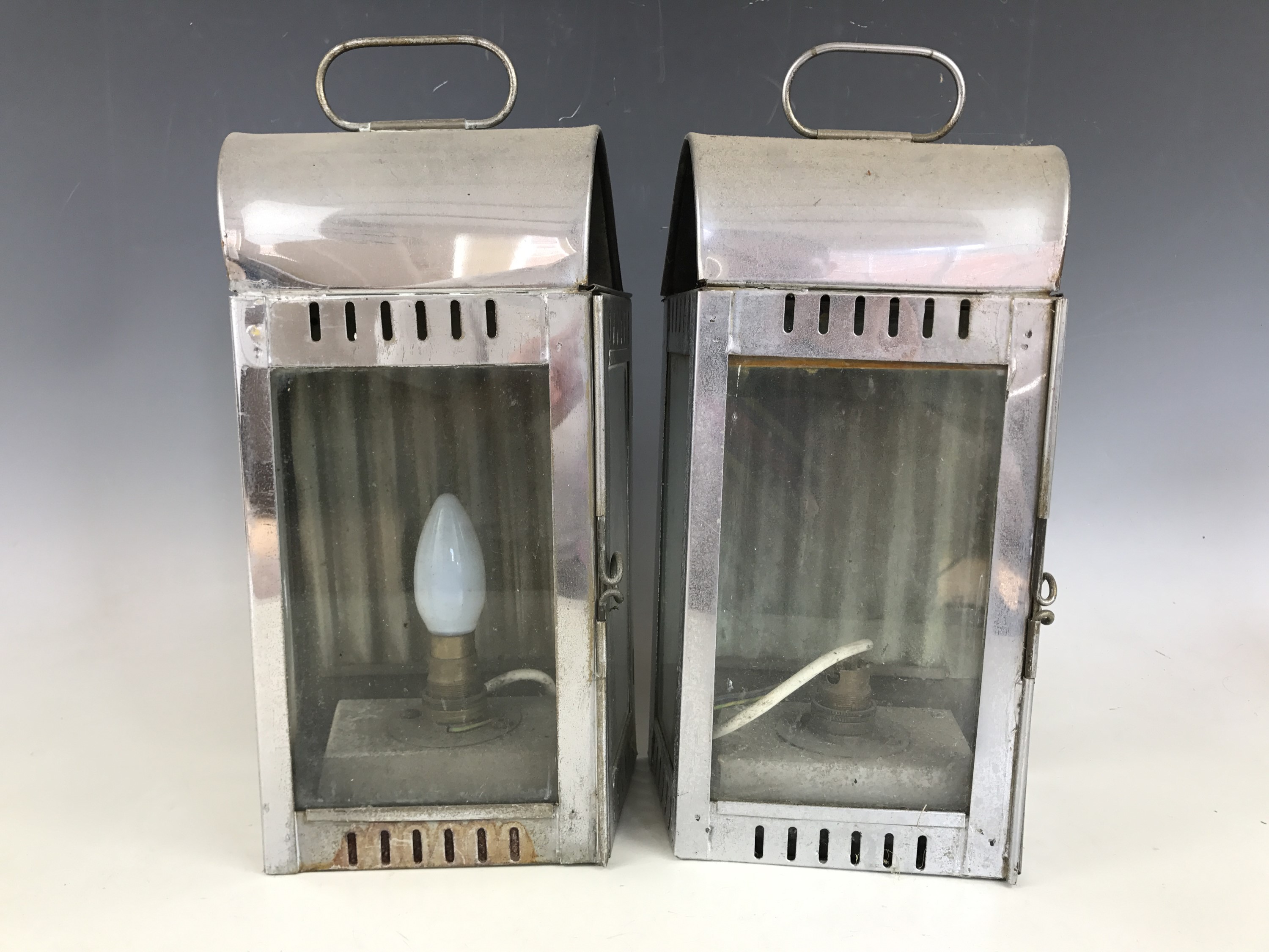 A pair of 19th Century marine oil lanterns (converted to electricity), 38 cm