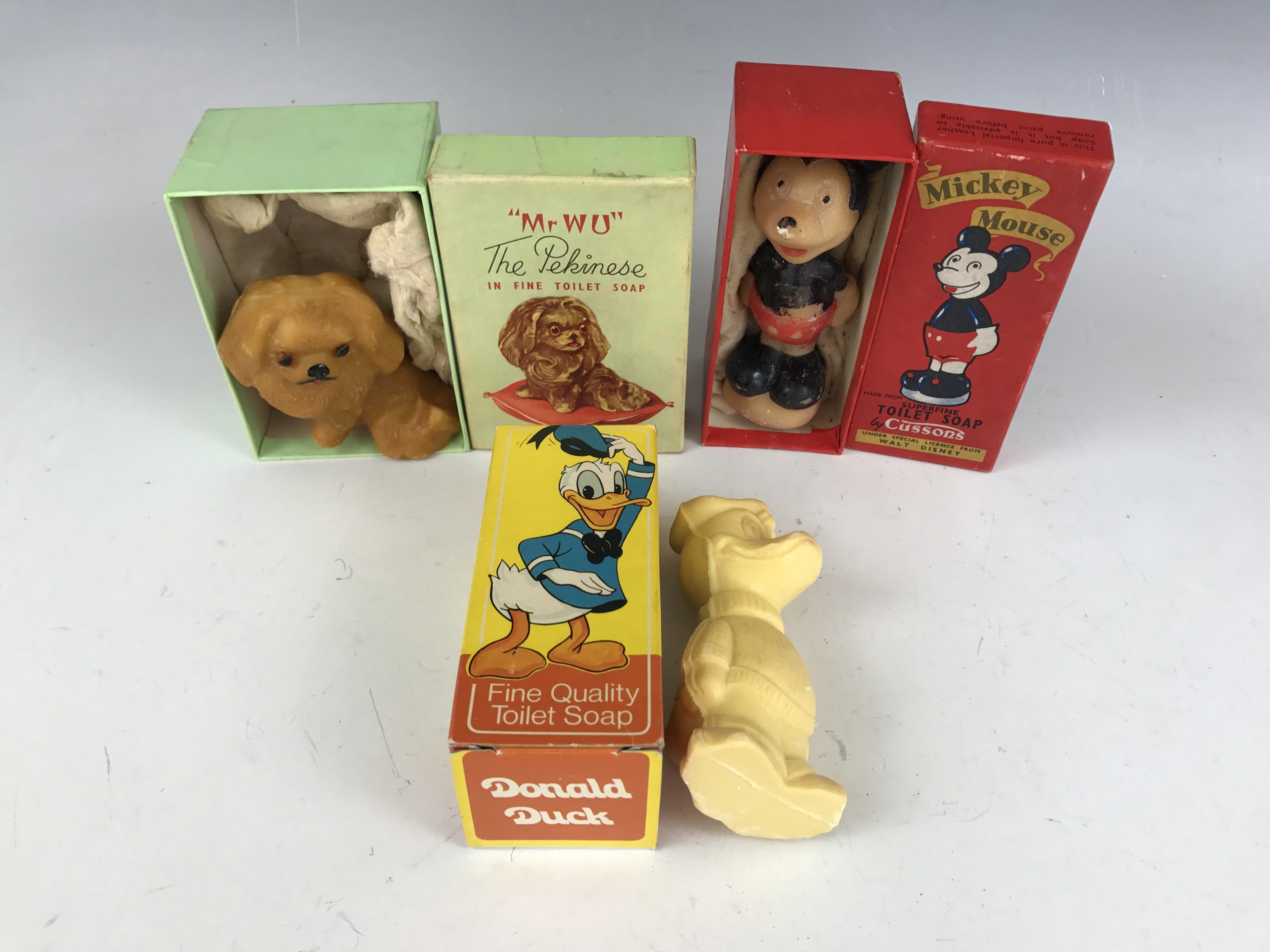 Cussons vintage boxed novelty soaps, comprising Mickey Mouse and "Mr Wu" The Pekinese, together with