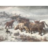 Joseph Denovan Adam RSA (1841-1896) Highland Cattle, snowy winter scene as highland cattle trudge