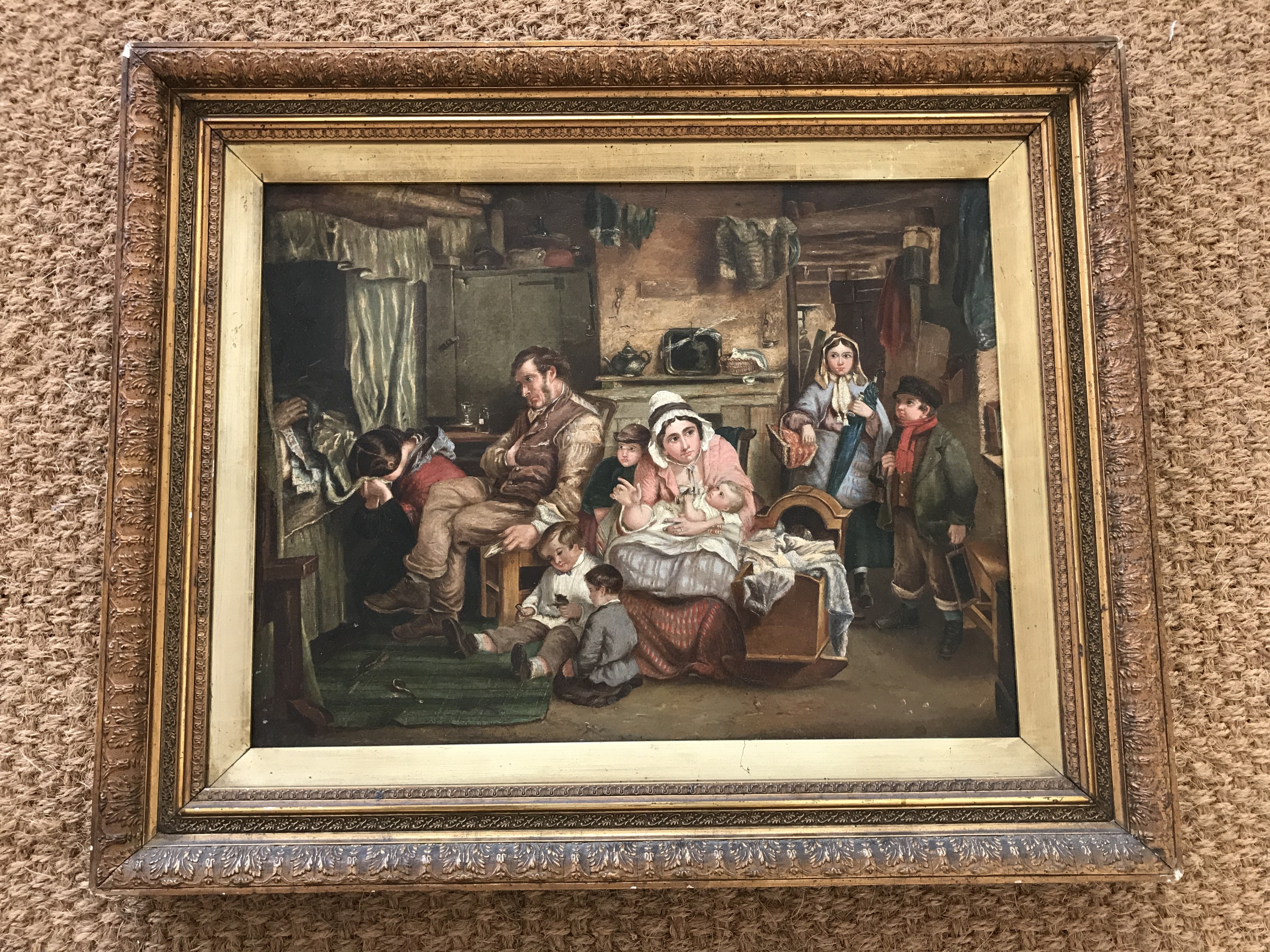 (19th Century) A sentimental interior scene depicting a family gathered around a relative's - Image 2 of 2