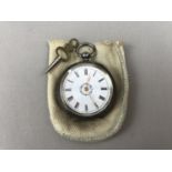 A Victorian lady's silver cased fob watch, having key-wound lever movement, white-enamelled face