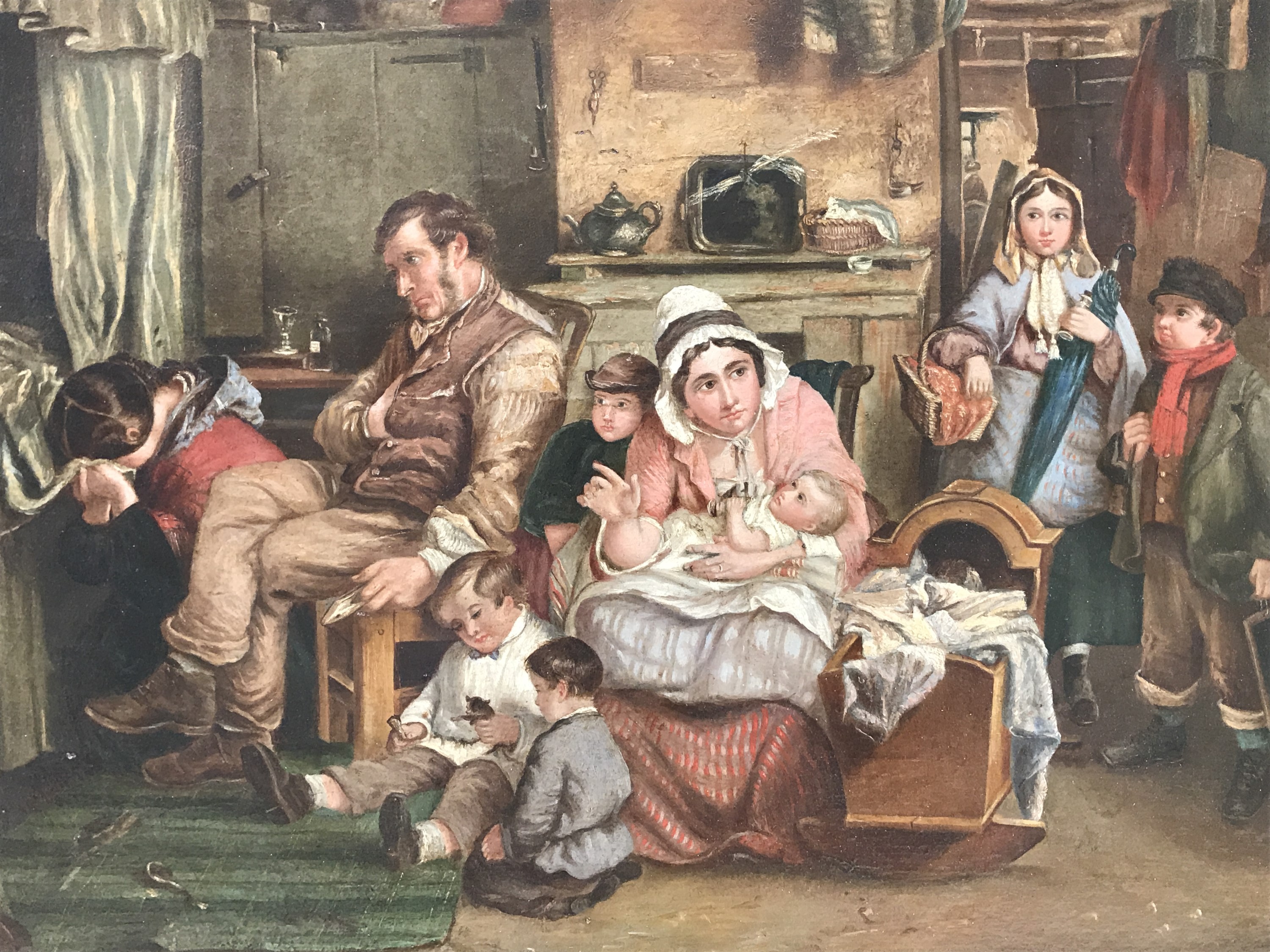 (19th Century) A sentimental interior scene depicting a family gathered around a relative's