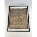 A Victorian sampler worked by Mary Westmorland aged 13 1844, framed under glass, 27 x 23 cm