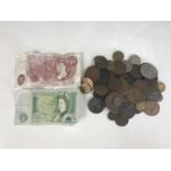 A quantity of GB coins together with a one-pound bank note and ten shillings note