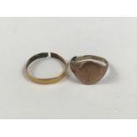 A 9ct gold signet ring (a/f), and a high-carat yellow wedding band (a/f), 4.6g total