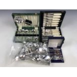 Three cased sets of electroplate cutlery together with a quantity of unboxed electroplate cutlery,