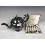 A James Deakin electroplate teapot together with a set of six Ataahna white-metal and abalone inlaid