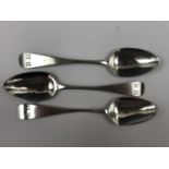 Three Georgian silver Old English pattern spoons, the terminals engraved with the initials RH