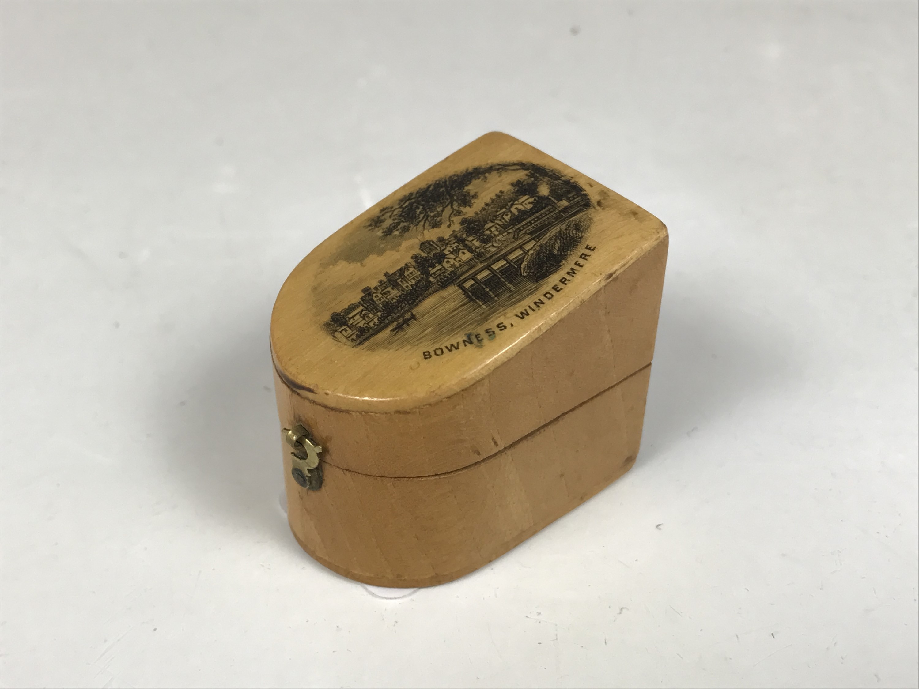 A Bowness-on-Windermere souvenir Mauchline Ware thimble box, late 19th / early 20th Century