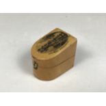 A Bowness-on-Windermere souvenir Mauchline Ware thimble box, late 19th / early 20th Century