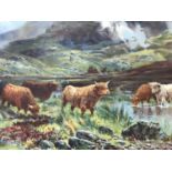 A Victorian fine art print entitled The Rovers of the Highlands, depicting Highland cows, framed