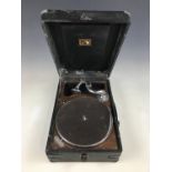 A vintage His Masters Voice portable gramophone