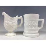 A Victorian milk glass tankard and cream jug