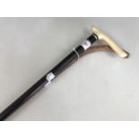 A Victorian ebony and ivory walking cane together with one other