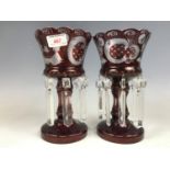 A pair of etched ruby glass lustres