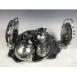 A Swan brand chromium plated tea and coffee set with tray together with two folding cake stands