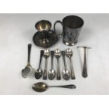 A set of six electroplate coffee spoons together with an egg cup and a christening cup etc