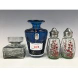 A Mdina glass vase together with a Whitefriars glass vase and cruet set