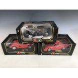 Three boxed Burago die-cast 1/18 scale model Ferrari cars, including 456 GT (1992), F40 (1987) and