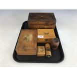 A Victorian wooden tea caddy together with two Mauchline ware boxes, one decorated with a view of