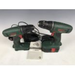 Two Bosch PSR18 cordless drills together with two chargers and one battery