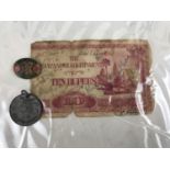 A signed Japanese Government ten rupee note together with a WI For Home and Country badge and a