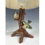 A Goebel figural table lamp, naturalistically modelled and incorporating a pair of goldcrest birds
