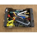 A quantity of tools including spanners, ratchet straps, a large adjustable spanner and files etc