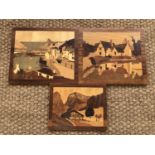 Three parquetry picture panels of rural idylls, 29 x 34 cm