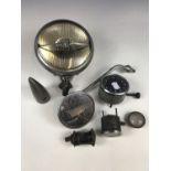 Vintage classic car parts including dial clocks and a "King of the Road" head / spot lamp etc