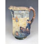 A Burgess and Leigh Burleighware 'The Stocks' jug, relief moulded and painted in the round with a