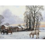 Raymond Cummins (Contemporary) Snowy stable yard view with horses, watercolour, framed and mounted