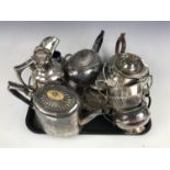 A quantity of electroplate including Victorian tea pots, a "duck beak" spout ewer and a Walker and