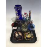 Sundry studio glass including a blue vase, glasses and a paperweight etc