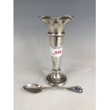 A silver specimen / bud vase by Walker and Hall, loaded base, 14 cm, together with a silver and