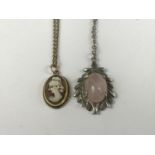 A rose quartz and white-metal pendant necklace, 4.6g, together with a rolled-gold and shell cameo