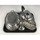 Electroplate items including a tea pot, a presentation tureen, an oval serving dish and a